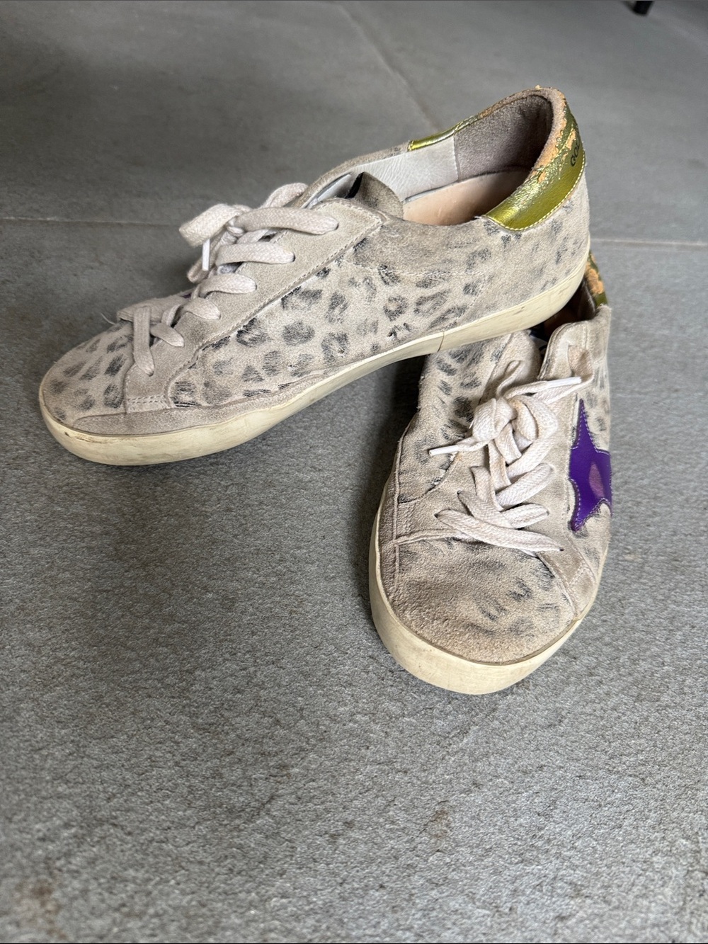 Golden Goose Leopard Suede Sneakers with Purple Star and Gold Heel
